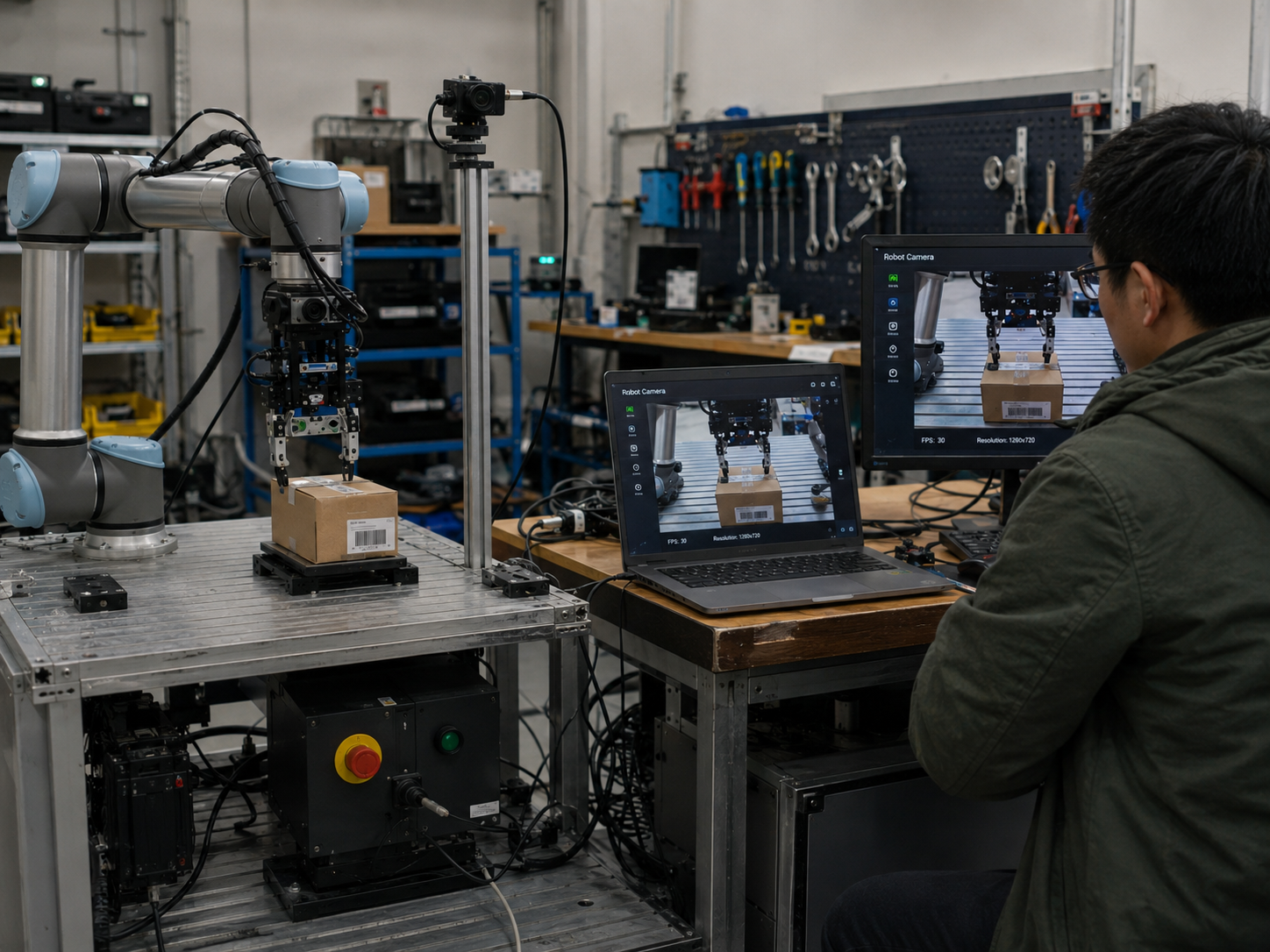 Engineer adjusting a compact camera on a mobile robot platform in a robotics lab