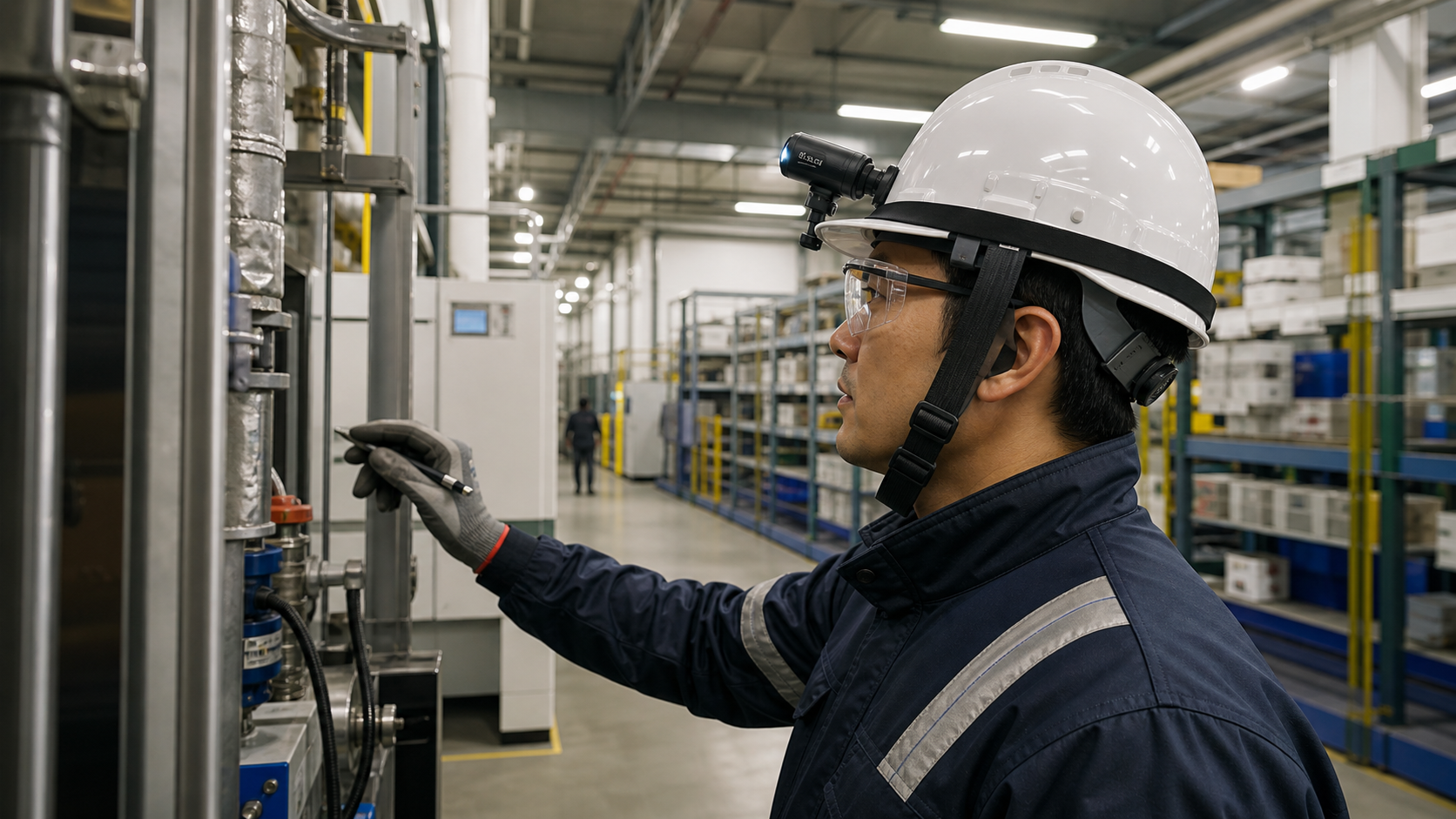 Technician using a helmet-mounted camera during an industrial inspection workflow