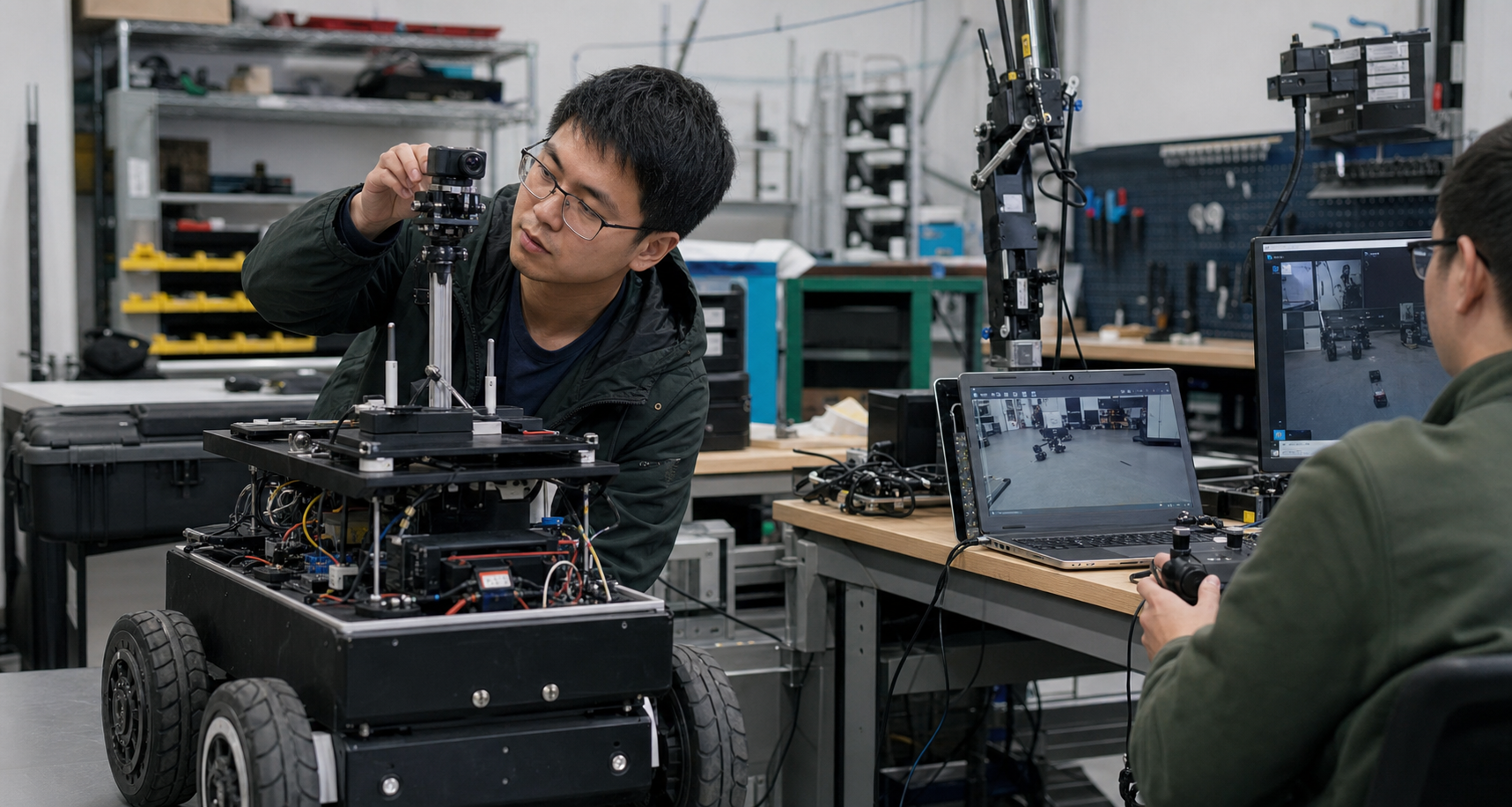 Engineer adjusting a compact camera on a mobile robot platform in a robotics lab