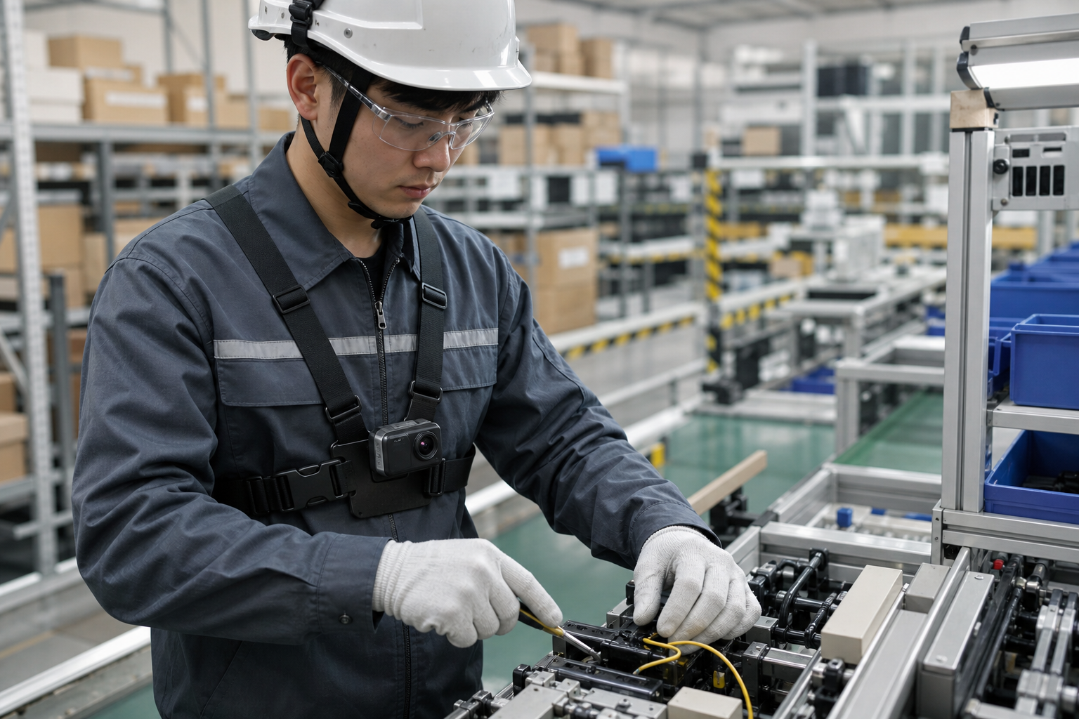 Technician using a chest-mounted compact camera in an industrial workflow